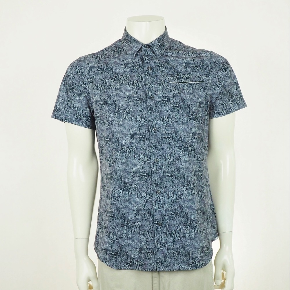 New 7 Diamonds Foundry 4 Way Stretch Button Down Shirt Mens Small Blue Printed